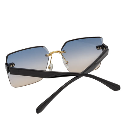 CASCADE - Rimless Oversize Square Sunglasses Black-Gold Blue-Tan Lens