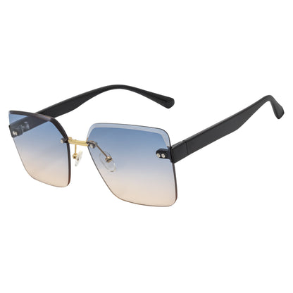 CASCADE - Rimless Oversize Square Sunglasses Black-Gold Blue-Tan Lens