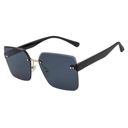 CASCADE - Rimless Oversize Square Sunglasses Black-Gold Smoke Lens
