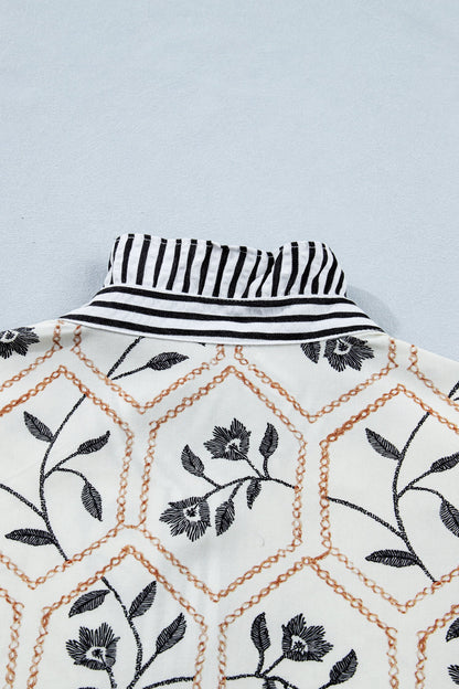 Floral Stripe Patchwork Ruffle Buttoned Short Sleeve Blouse