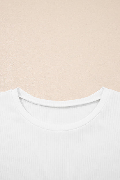 Solid Ribbed Knit Ruffle Short Sleeve T-Shirt