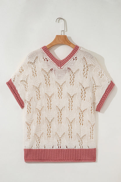 Flower Embroidered Colorblock Edge Hollowed Sweater