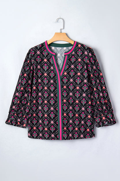 Floral Contrast V-Neck 3/4 Sleeve Blouse