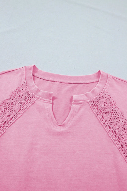 Solid Lace Patchwork Raglan Sleeve Notched Neck Tee