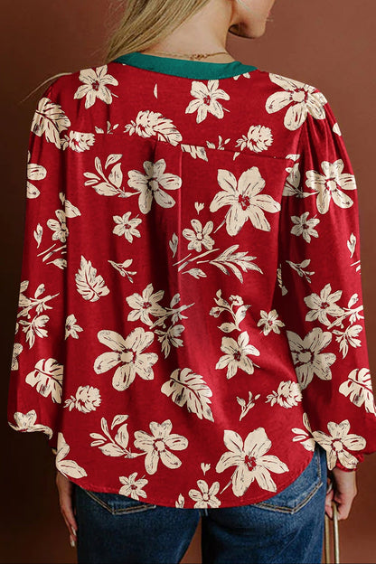 Flower Tied Neck Shirred Puff Sleeve Blouse