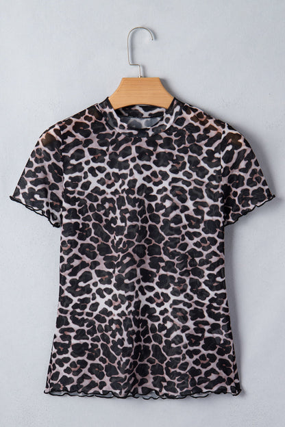 Leopard Sheer Mesh Short Sleeve Top