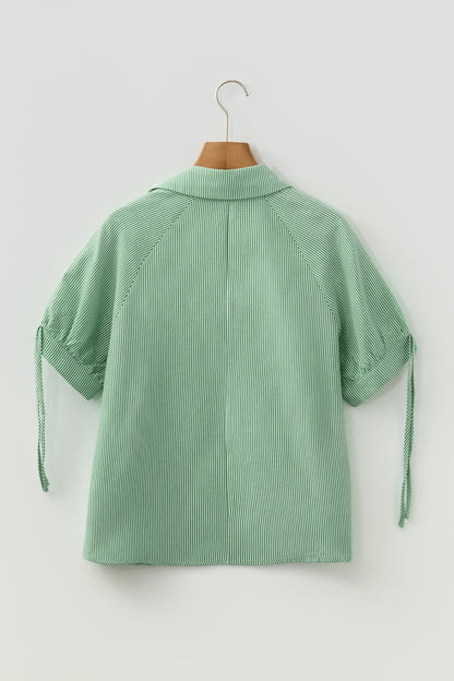 Stripe Tied Short Sleeve Collared Blouse