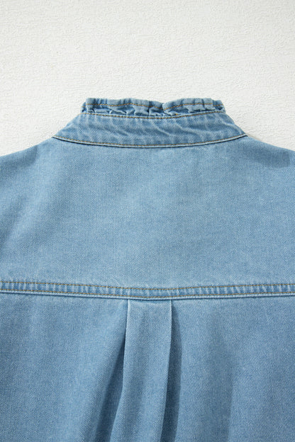 Solid Denim Frilled Ruffle Sleeve Buttoned Mini Dress