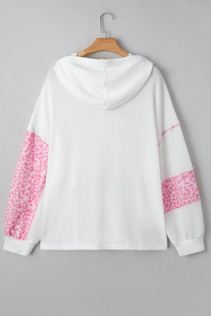 Plus Size Stripe Leopard Patchwork Waffle Knit Buttoned Hoodie