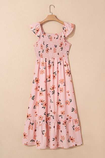 Floral V-Neck Smocked Ruffle Hem Maxi Dress