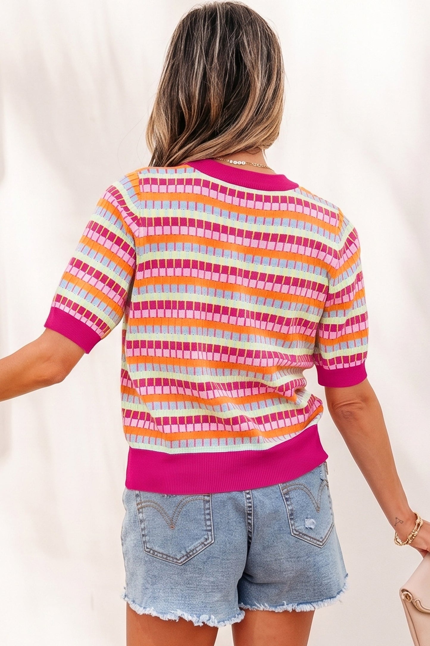 Abstract Stripe Short Sleeve Sweater Knit Top