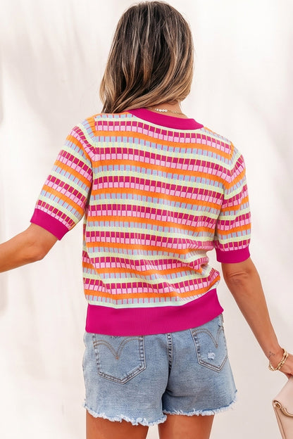 Abstract Stripe Short Sleeve Sweater Knit Top