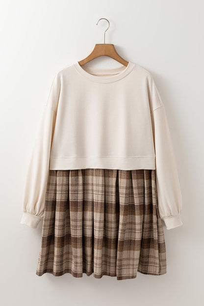 Plaid Patchwork High Waist Sweatshirt Mini Dress
