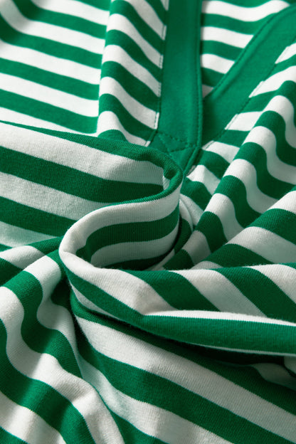 Stripe Collared V-Neck Short Puff Sleeve Top