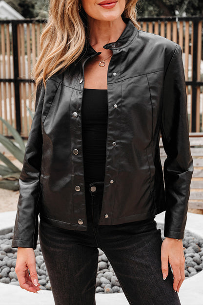 Faux Leather Button-Front Boxy Jacket
