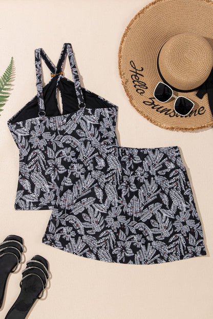 Abstract Buckle Tankini Top & Skirted Swim Set