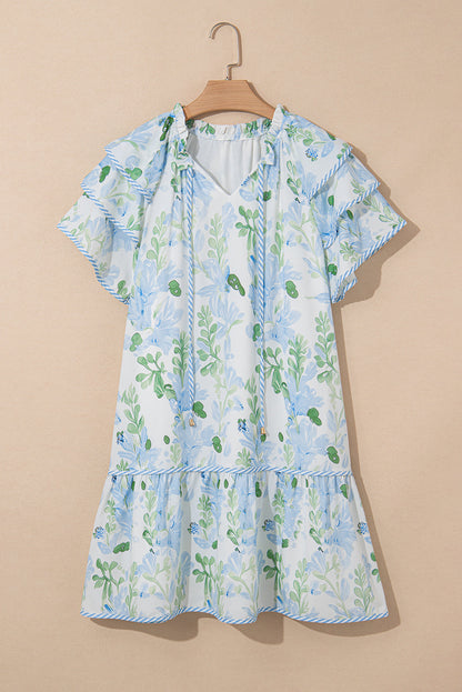 Floral V-Neck Layered Short Sleeve Mini Dress
