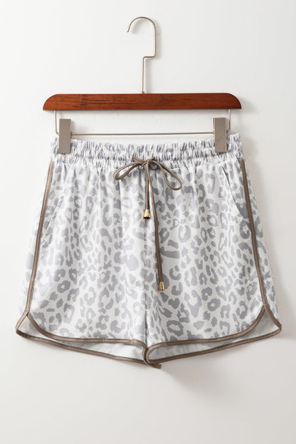 Leopard Contrast Trim Elastic Waist Drawstring Shorts