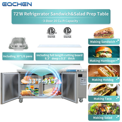 EQCHEN 72 Inch Mega Top Sandwich Prep Table Refrigerator