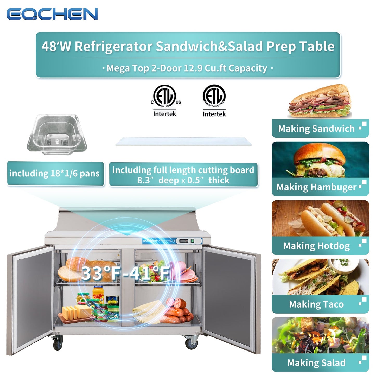 EQCHEN 48 Inch Mega Top Sandwich Prep Table Refrigerator