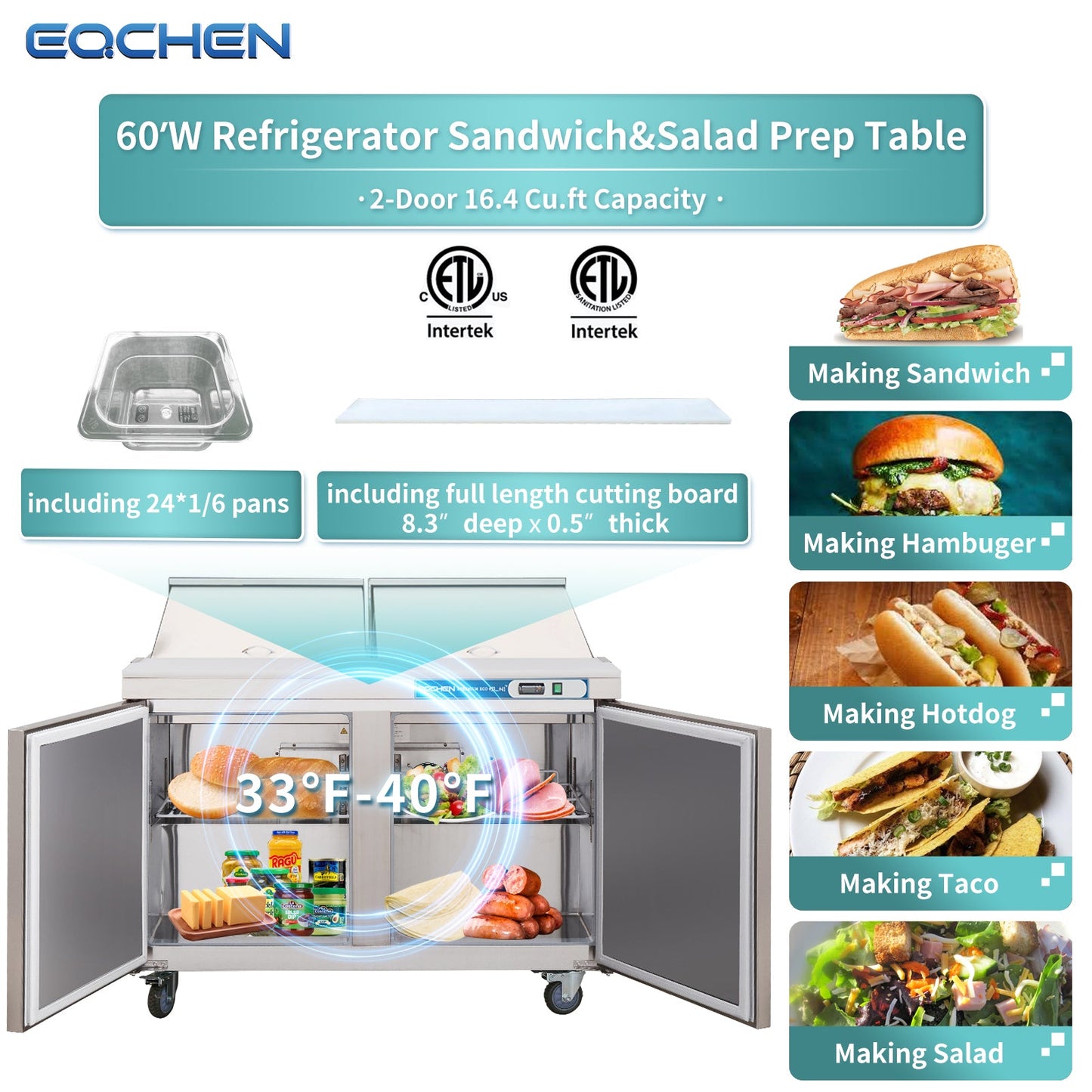 EQCHEN 60" W 2 Door Refrigerator Sandwich & Salad Prep Table Commercial Mega Top Refrigerator