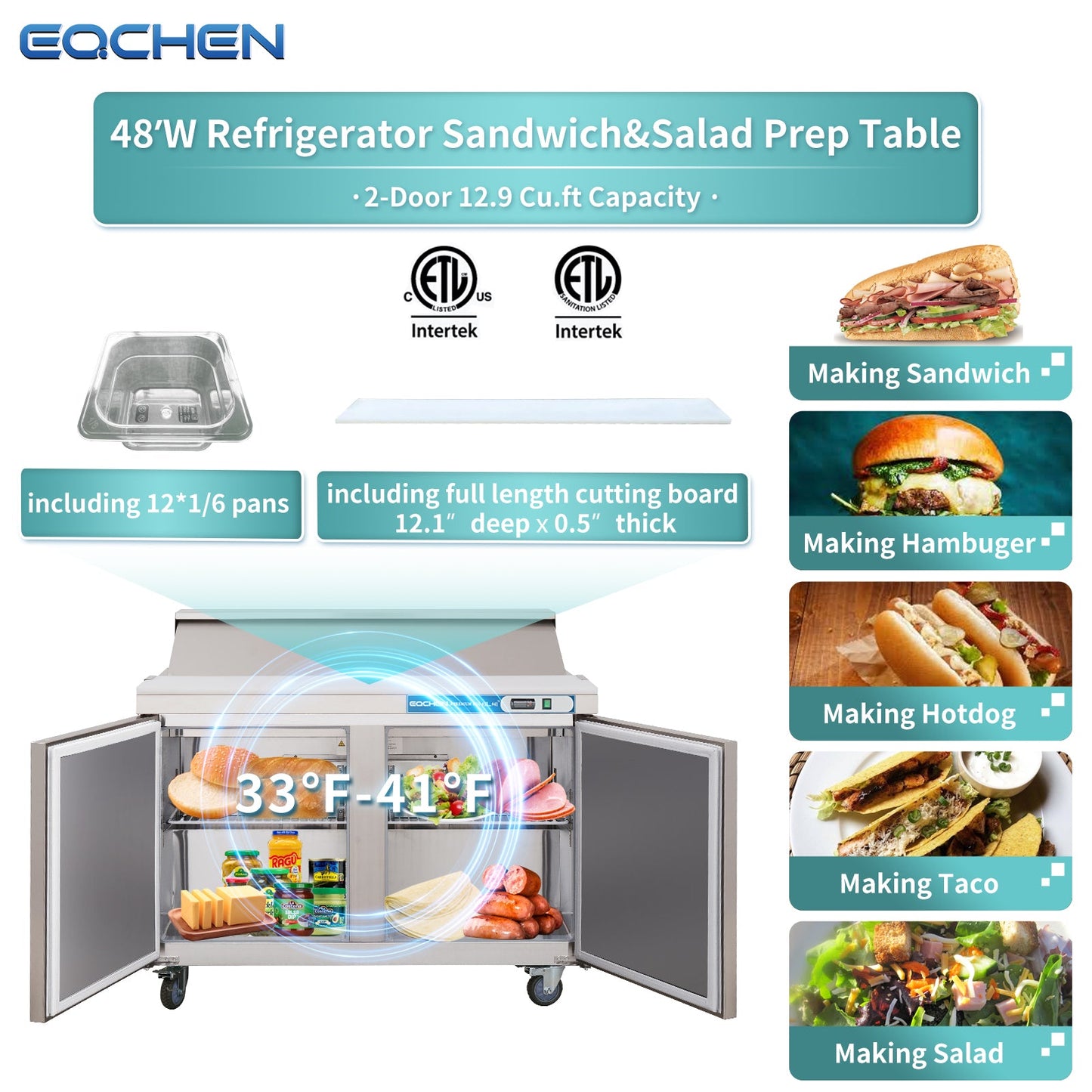 48 inch Salad Sandwich Prep Table Refrigerator, Stainless Steel Food Prep Cooler