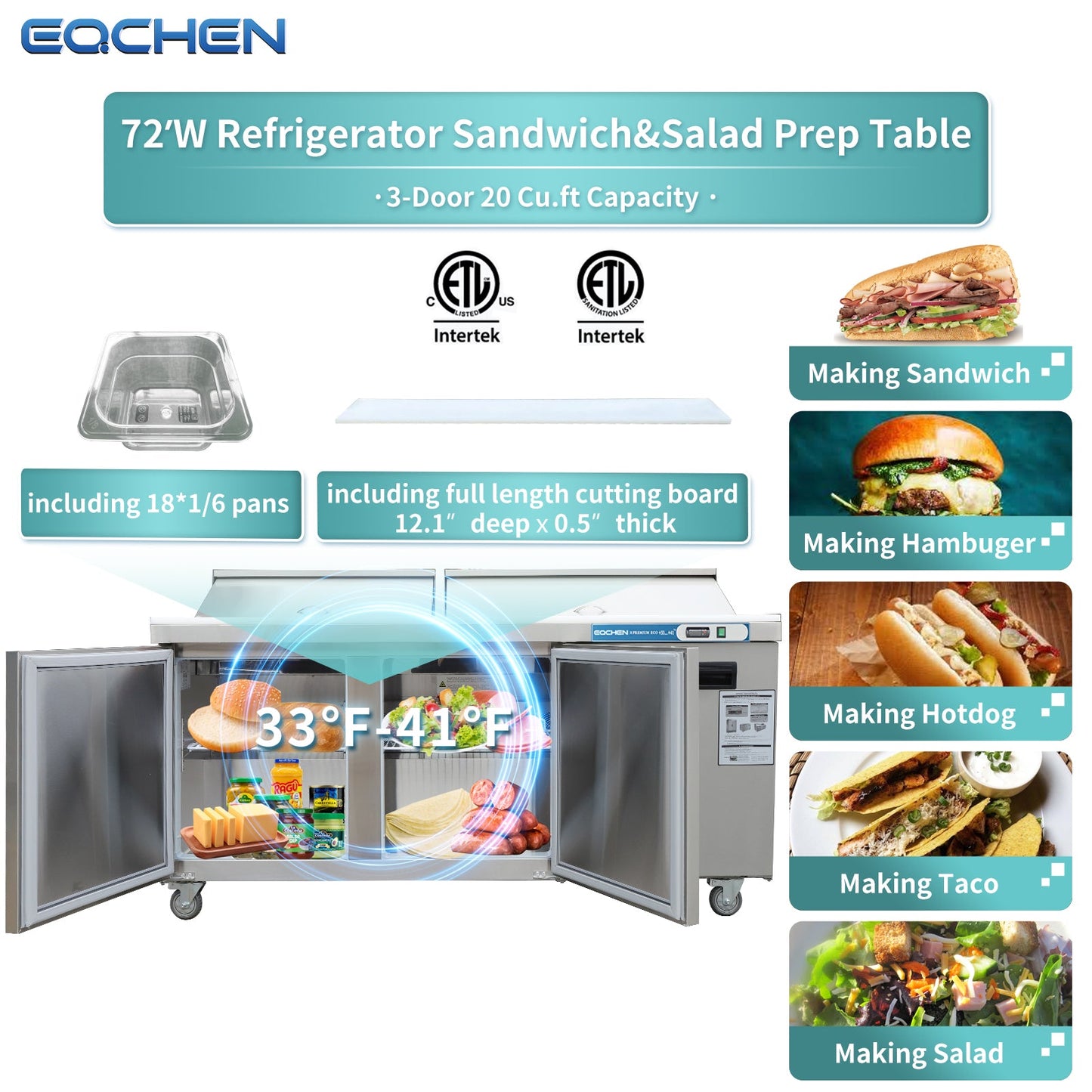 EQCHEN 72 Inch Sandwich Prep Table Refrigerator