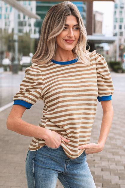 Stripe Contrast Trim Short Puff Sleeve Tee