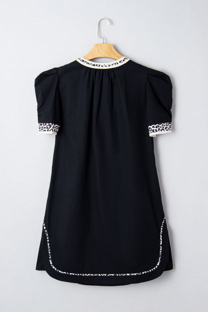 Leopard Trim Short Puff Sleeve Mini Dress