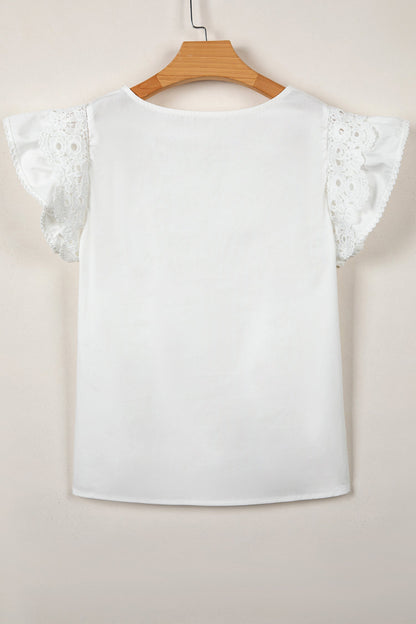 Lace Flutter Sleeve Pleated Round Neck Blouse