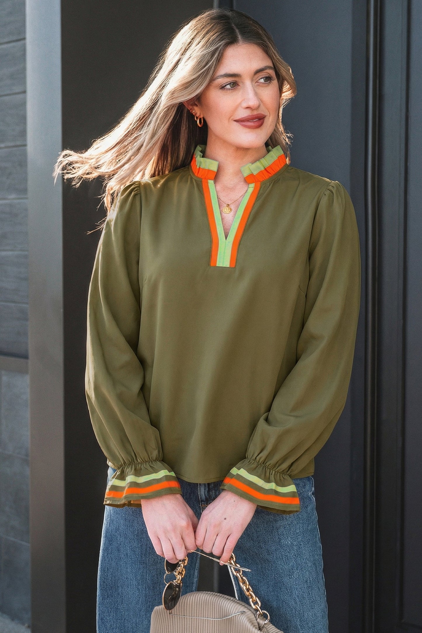 Stripe Trim Ruffle Split Neck Long Sleeve Blouse