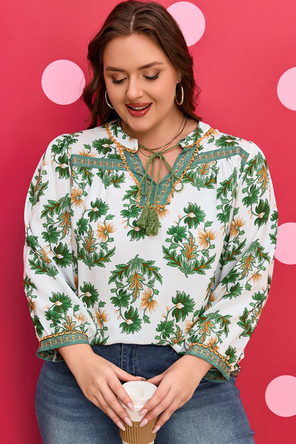 Plus Size Floral Patchwork Tassel Tie Blouse