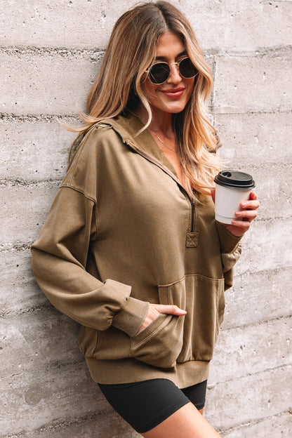 Solid Half-Zip Kangaroo Pocket Baggy Hoodie