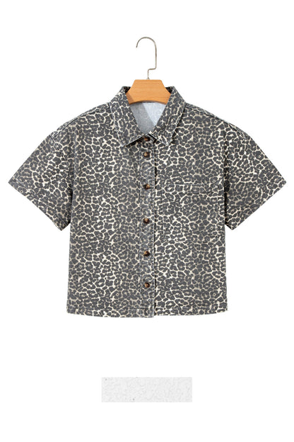 Leopard Denim Short Sleeve Button Up Cropped Shirt