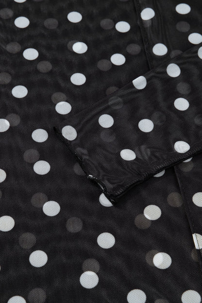 Polka Dot Mesh Mock Neck Long Sleeve Top