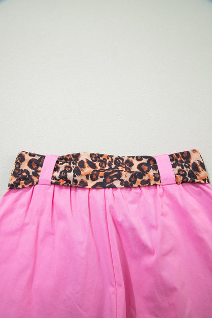 Leopard Contrast Belt Pleated Wide Leg Shorts