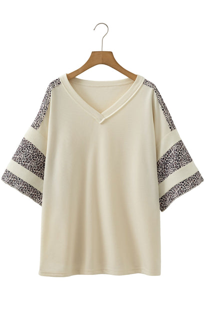 Plus Size Leopard Patchwork V-Neck Short Sleeve Top