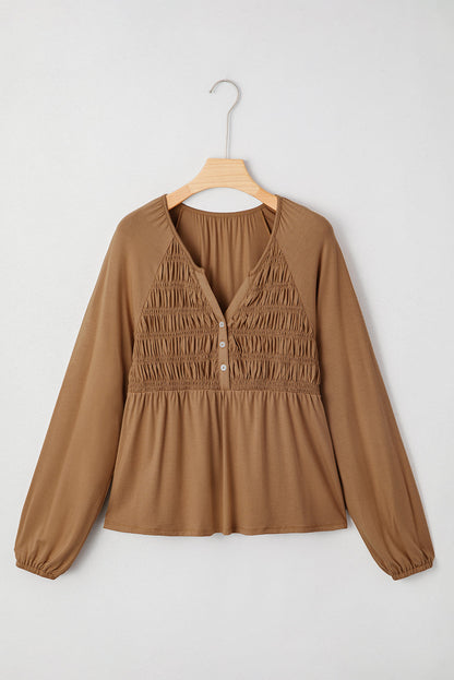 Solid Smocked Split V-Neck Buttoned Blouse