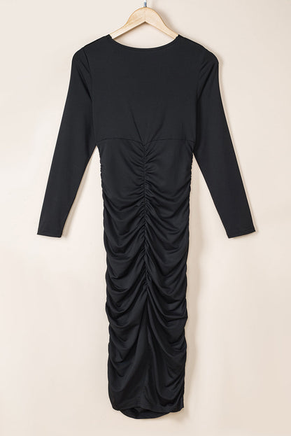 Solid Ruched Wrap V-Neck Midi Dress