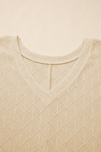 Plus Size Solid Pointelle Knit Rhombus V-Neck Top