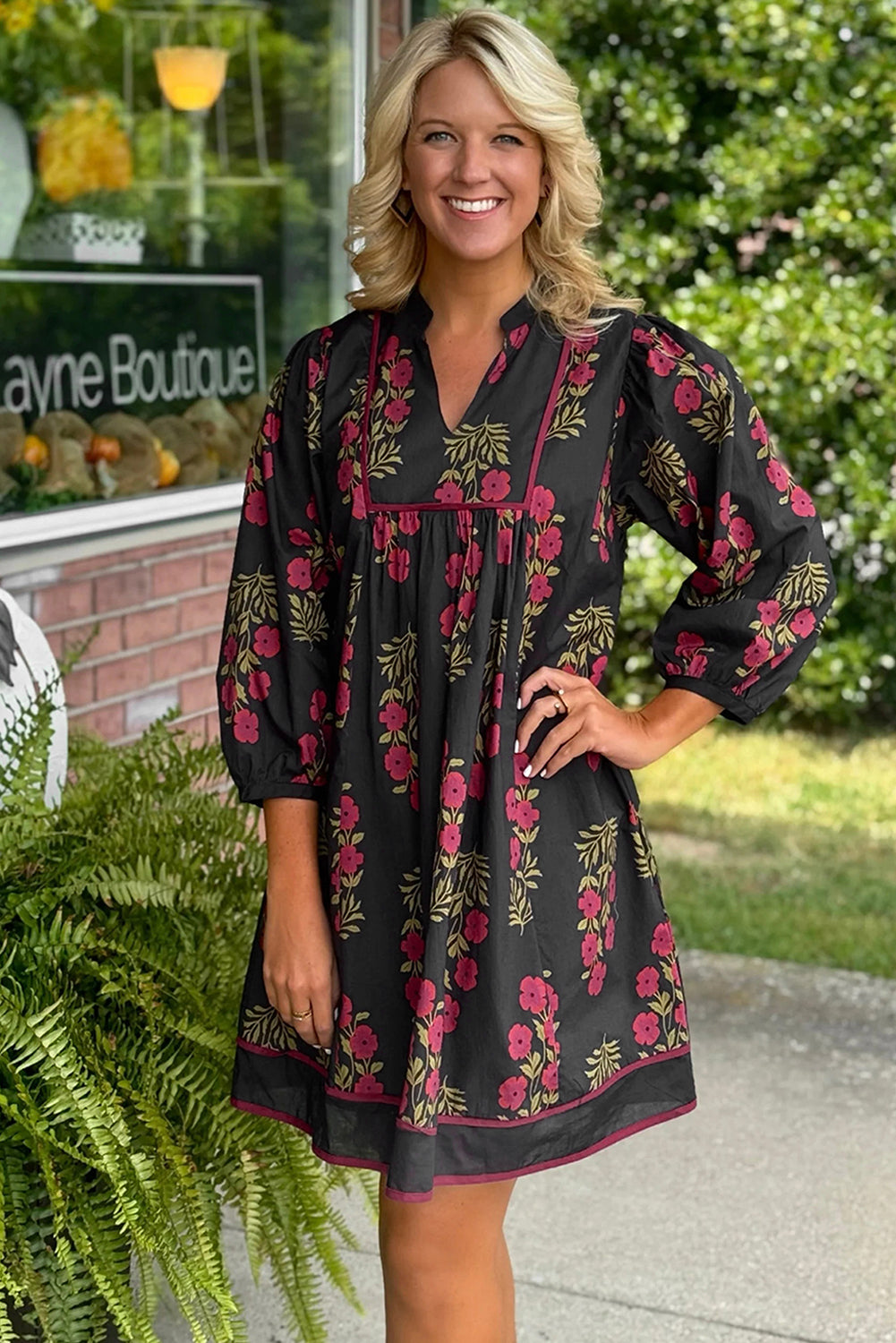 Floral Notch Neck Piping Trim Babydoll Dress