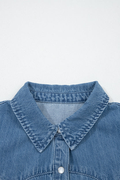 Solid Denim Ruffle Short Sleeve Buttoned Shirt