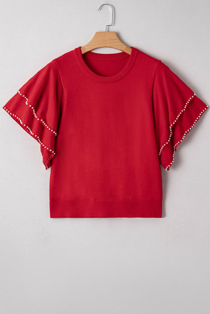 Solid Pearl Embellished Double Ruffle Sleeve Sweater