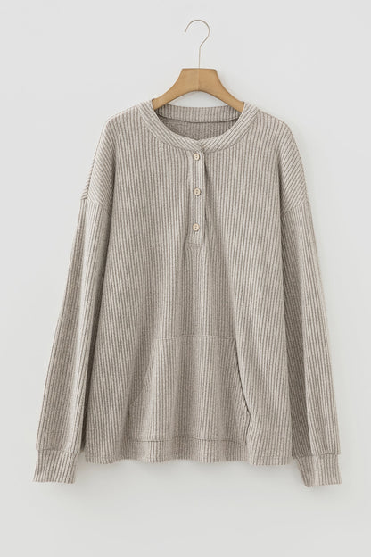 Plus Size Ribbed Knit Kangaroo Pocket Henley Top