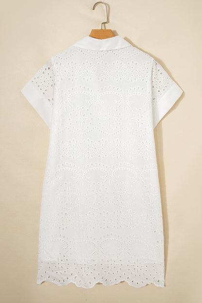 Solid Embroidered Eyelet Collared V-Neck Mini Dress