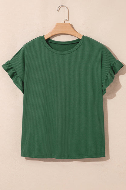 Solid Ribbed Knit Ruffle Short Sleeve T-Shirt