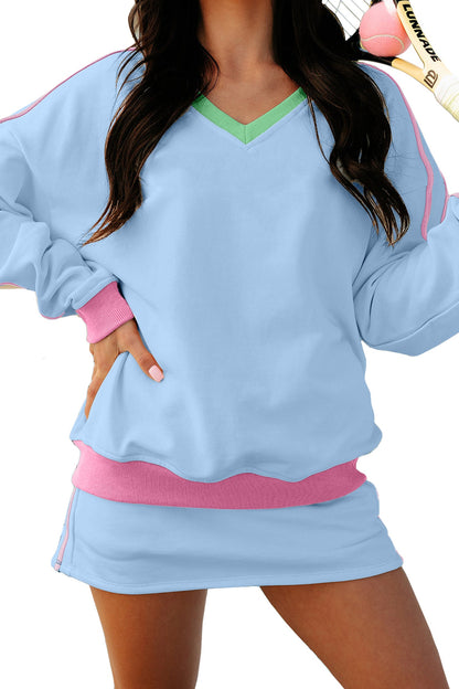 Colorblock Ribbed V-Neck & Skort Athleisure Set