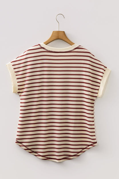 Stripe Half Buttoned Short Sleeve Top
