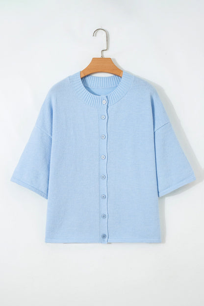 Solid 3/4 Sleeve Boxy Button-Down Cardigan
