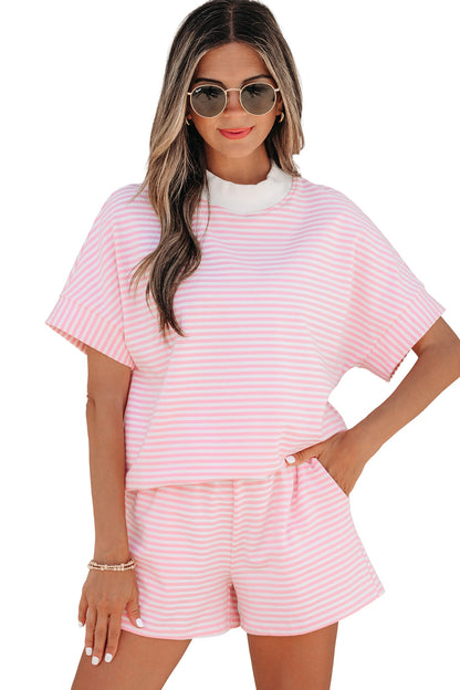 Stripe Contrast Mock Neck Tee & Shorts Set